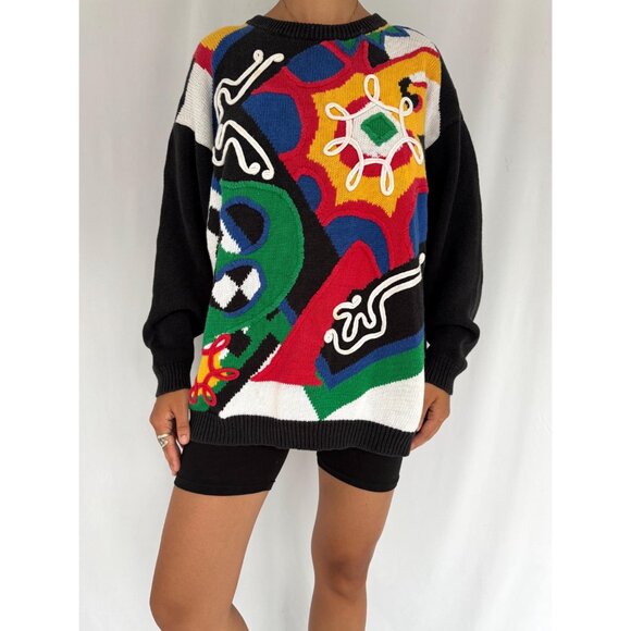 80s vintage black rainbow funky crazy abstract print embroidered knit sweater - Picture 2 of 9